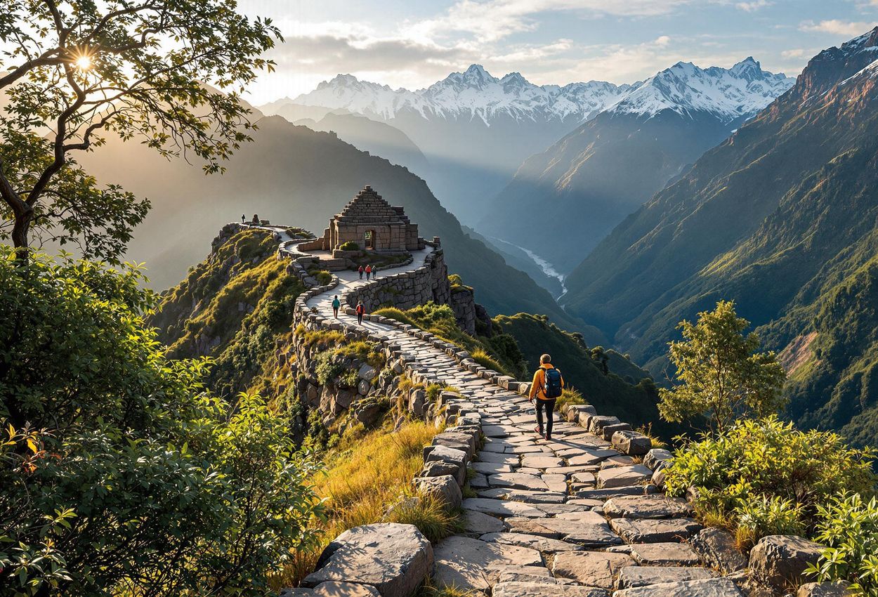 Inca Trail Sunrise: A Panoramic View of the Andes Mountains A stunning photograph capturing the breathtaking beauty of the Inca Trail winding through the Andes Mountains at sunrise, showcasing lush cloud forests and distant snow-capped peaks.