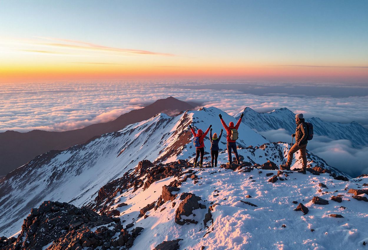 Sunrise on Mount Kilimanjaro: A Majestic African Vista A stunning photograph captures a breathtaking sunrise from the summit of Mount Kilimanjaro, showcasing the vast African plains and silhouetted hikers celebrating their ascent.