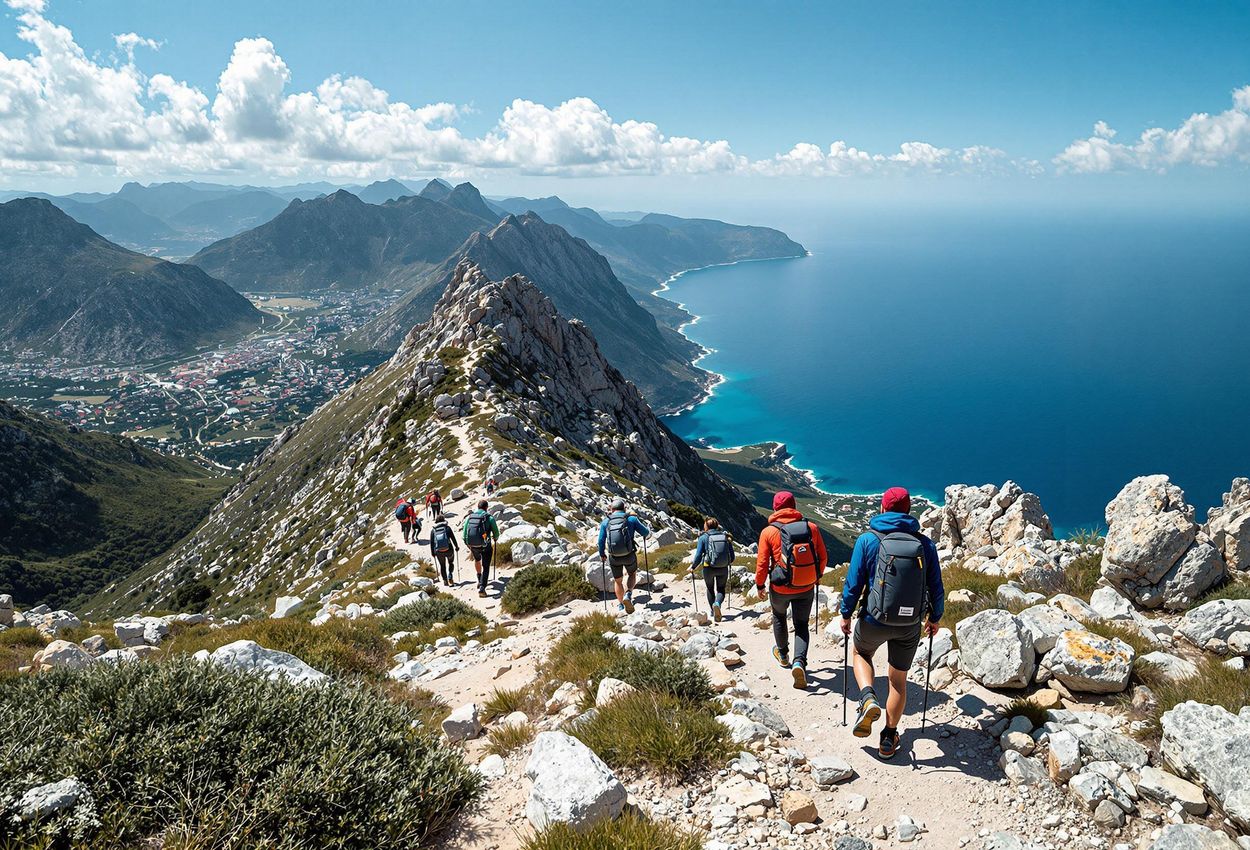 Hikers on Challenging GR20 Trail, Corsica A photograph capturing hikers navigating the rugged GR20 trail in Corsica, showcasing the stunning mountain landscape and coastal views.
