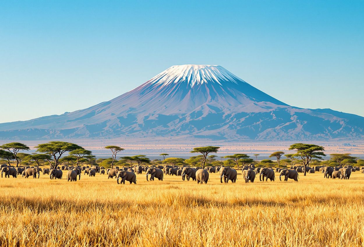 Elephants Grazing with Kilimanjaro Backdrop, Amboseli National Park A wide-angle shot of elephants grazing in Amboseli National Park, Kenya, with Mount Kilimanjaro in the background. The image captures the vastness and tranquility of the African landscape.