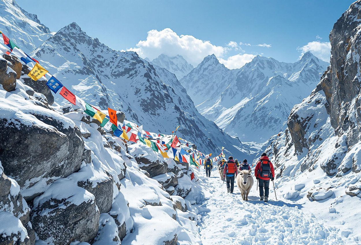 Snowman Trek, Bhutan: A Remote Himalayan Journey A stunning photograph capturing the breathtaking scenery of the Snowman Trek in Bhutan, featuring snow-capped mountains, prayer flags, and trekkers in a remote Himalayan landscape.