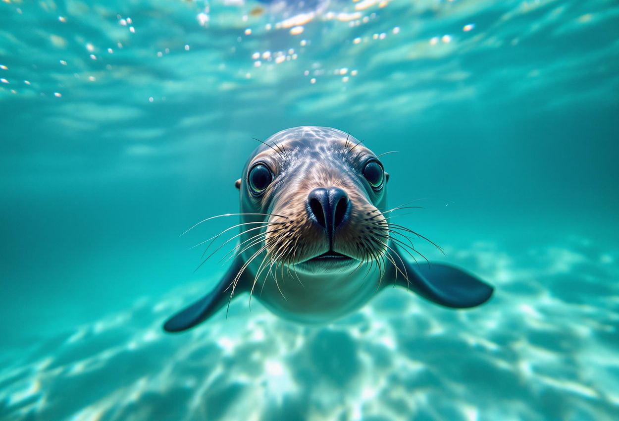 Playful Galapagos Sea Lion Swimming Underwater An underwater photograph of a Galapagos sea lion swimming in crystal-clear turquoise water with sunbeams filtering through the surface.