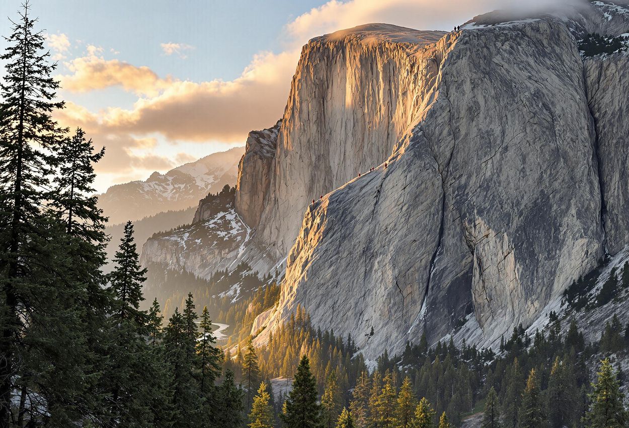 A scenic landscape photograph of El Capitan in Yosemite National Park, captured during the golden hour, with climbers visible on the granite monolith.