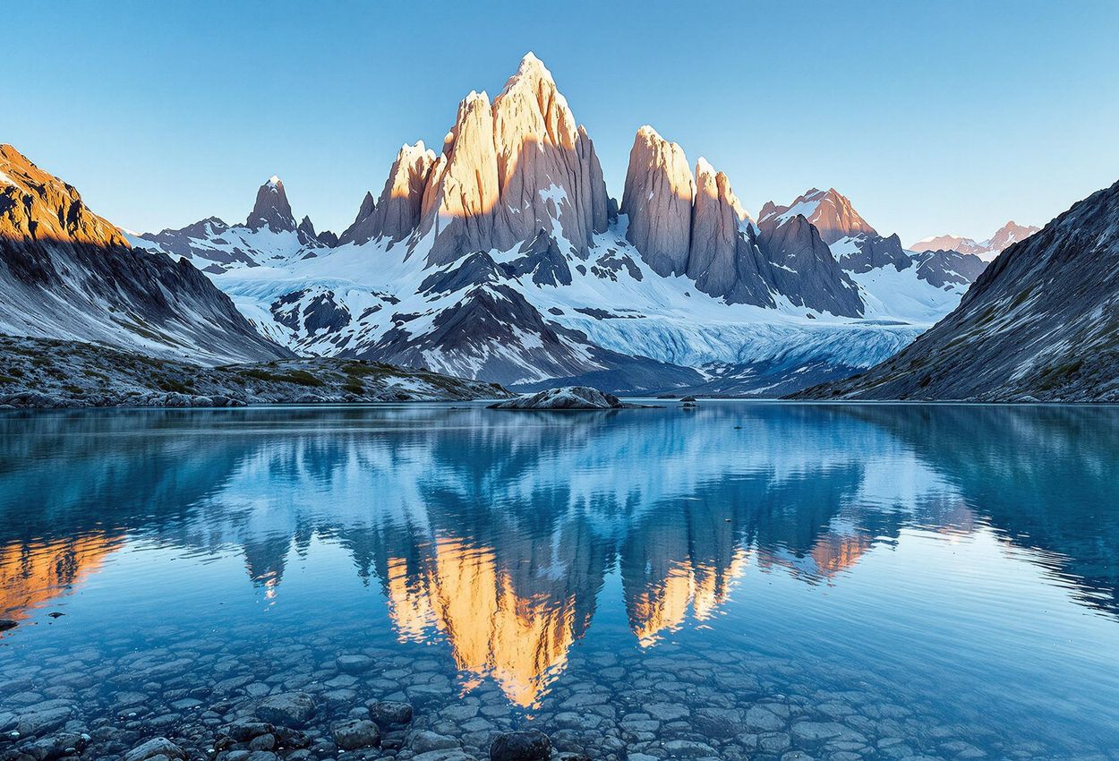 Majestic Mount Fitz Roy Reflected in Patagonian Glacial Waters A stunning photograph capturing the grandeur of Mount Fitz Roy in Patagonia, Argentina, with its reflection shimmering in the pristine blue waters of Laguna de los Tres.