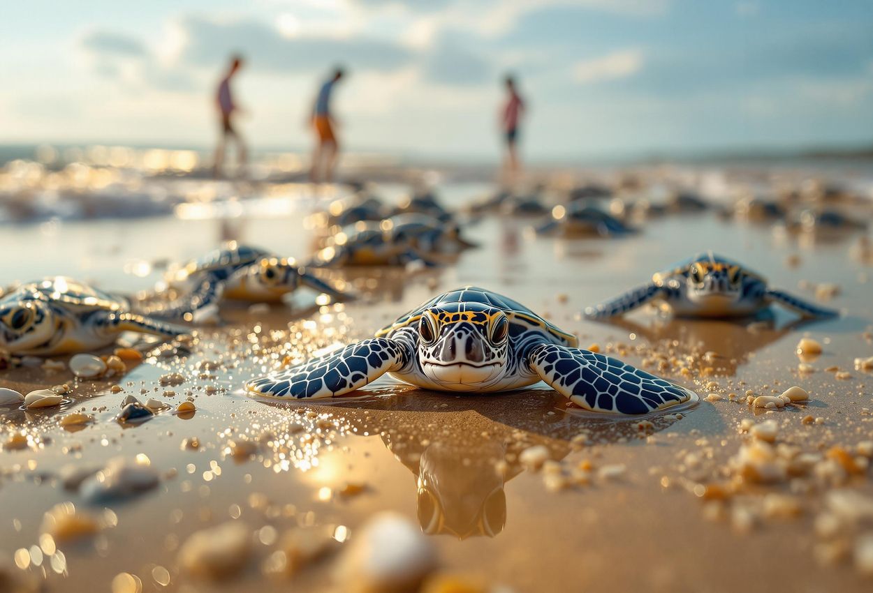 Baby Turtles Released into Ocean at Kosgoda, Sri Lanka - A Conservation Success Story A heartwarming photograph captures the release of baby turtles into the ocean at Kosgoda, Sri Lanka. Witness the fragile beauty of these hatchlings as they embark on their journey, guided by dedicated conservation efforts.