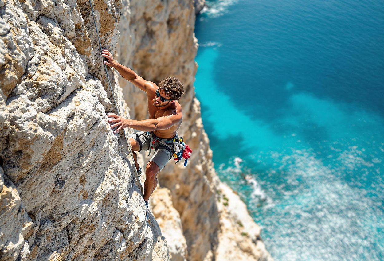 A captivating image of a rock climber scaling a limestone cliff in Kalymnos, Greece, with the turquoise Aegean Sea in the background.