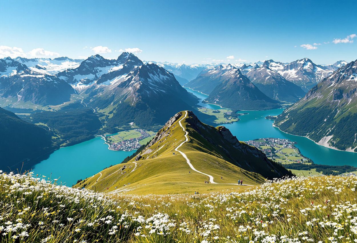 Panoramic View of Hardergrat Trail, Switzerland A stunning photograph capturing the panoramic view from the Hardergrat trail in Switzerland, showcasing the ridge between Lake Brienz and Lake Thun with the majestic Swiss Alps in the background.