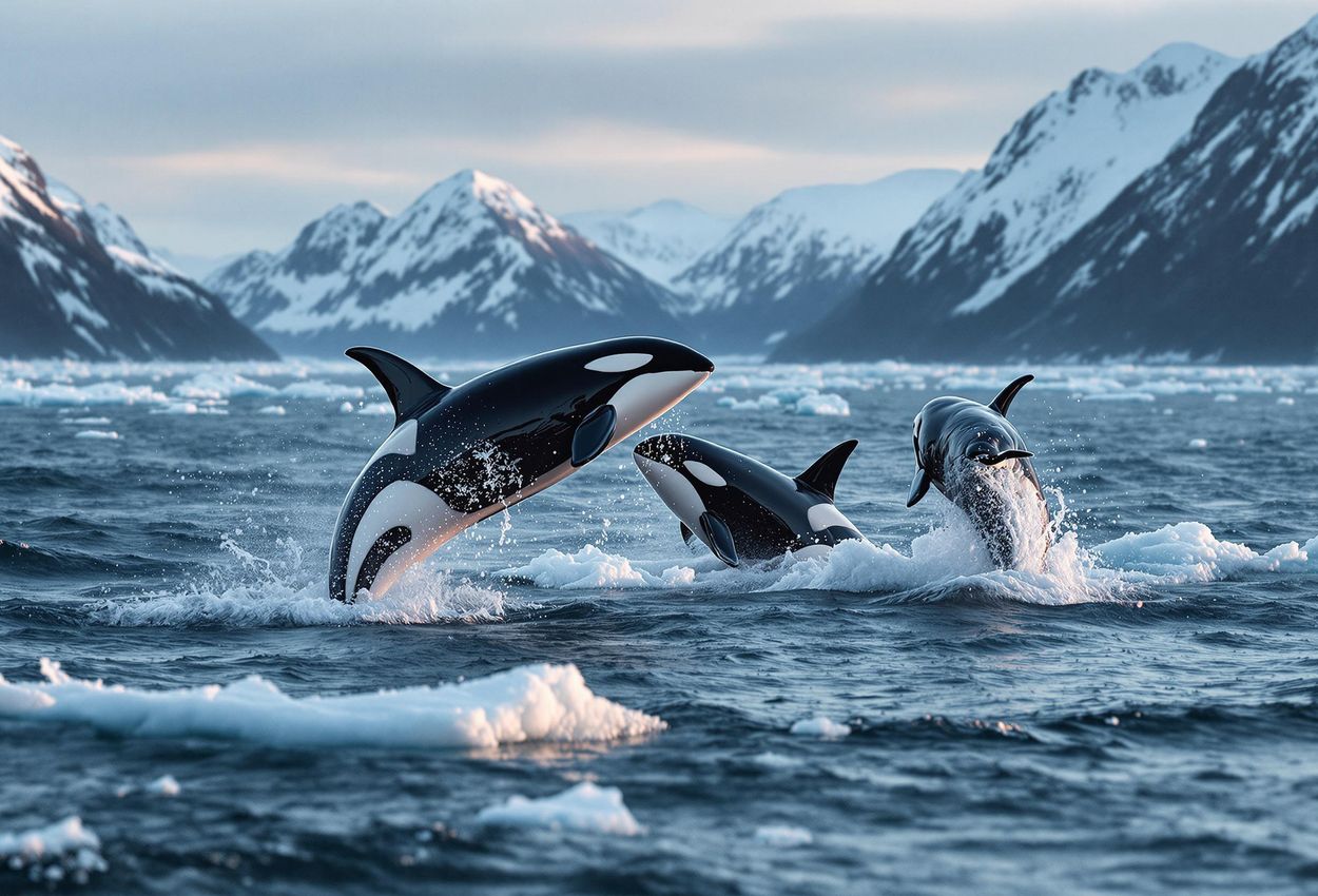 Orcas Breaching in Norwegian Fjords at Dawn A stunning photograph captures orcas breaching in the icy waters of Norway