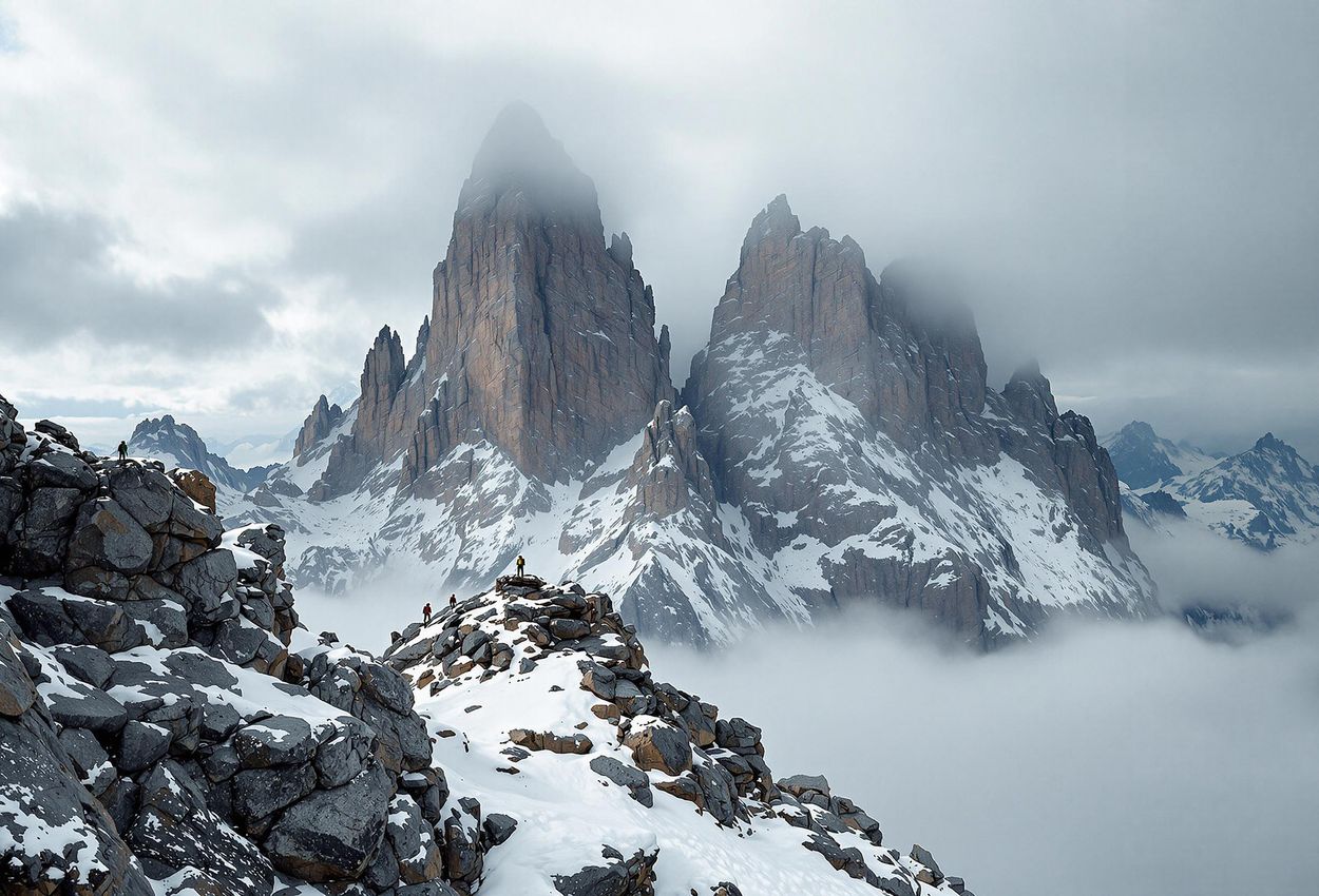 A stunning landscape photograph of the Tre Cime di Lavaredo in the Italian Dolomites, featuring jagged peaks silhouetted against a misty sky, with climbers visible on one of the summits.