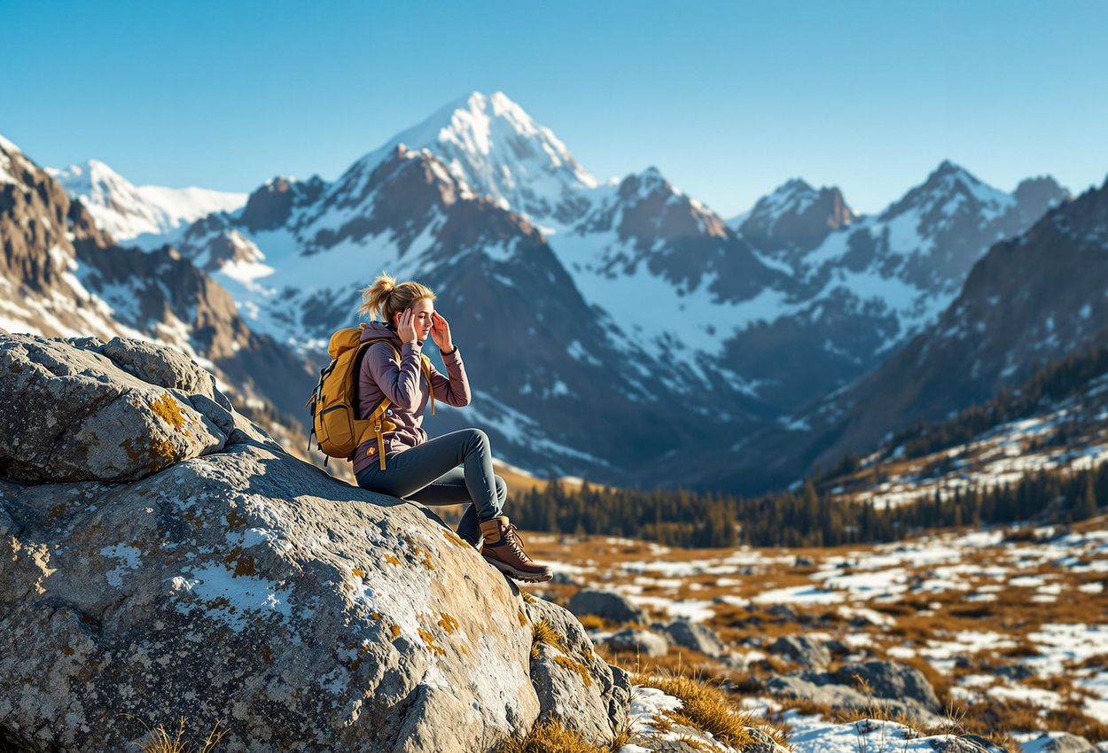 A photograph captures a hiker experiencing mild altitude sickness symptoms while surrounded by a breathtaking mountain landscape with snow-capped peaks under a clear blue sky.