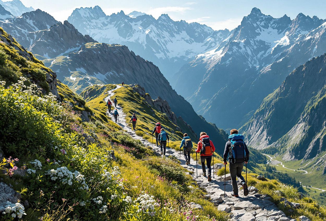 A photograph capturing hikers on a mountain trail, surrounded by lush greenery and snow-capped peaks, illustrating the beauty and challenge of high-altitude trekking.