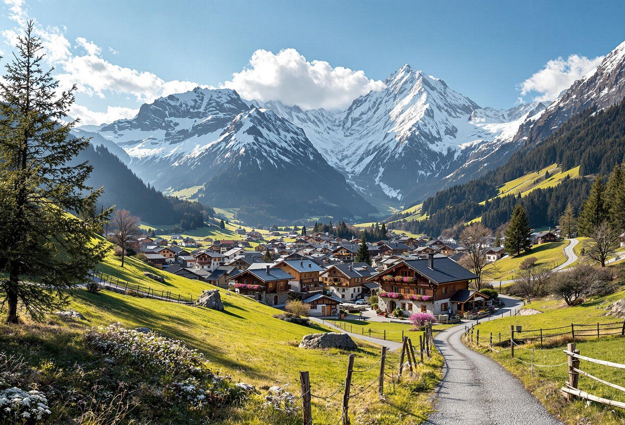 Charming Alpine Village along Tour du Mont Blanc with Mont Blanc View A stunning photograph capturing an alpine village nestled in the Tour du Mont Blanc region, with the majestic Mont Blanc towering in the background on a clear day.