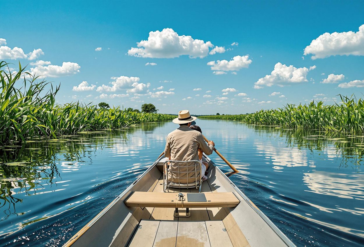 Serene Mokoro Ride in Okavango Delta, Botswana - A Tranquil Escape A visually stunning photograph captures a peaceful mokoro journey through the Okavango Delta, Botswana. The calm water reflects the clear sky, creating a sense of tranquility and immersion in nature.