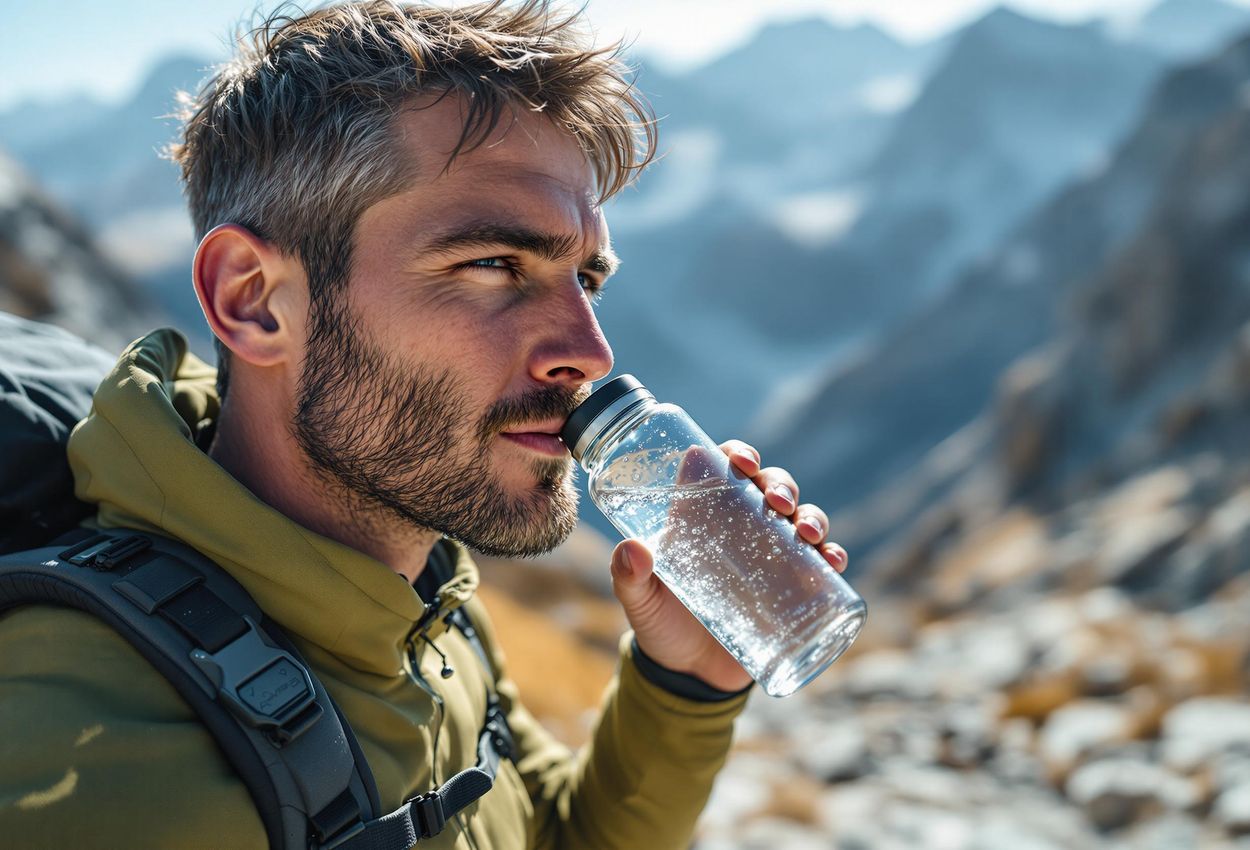 A close-up photograph of a hiker drinking water in a rocky mountain setting, emphasizing the importance of hydration at high altitudes.