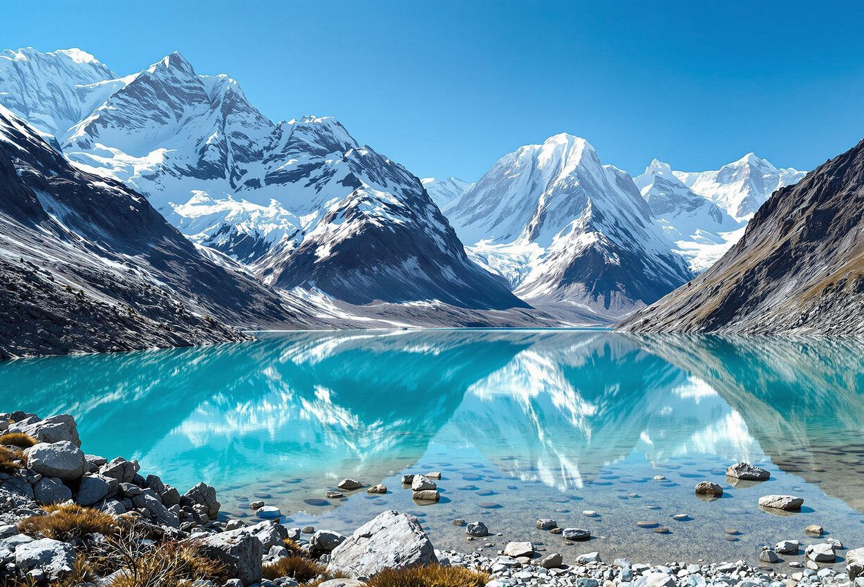 Turquoise Lake and Snow-Capped Peaks, Cordillera Huayhuash, Peru A stunning landscape photograph capturing the beauty of the Cordillera Huayhuash Circuit in Peru, featuring a turquoise lake reflecting snow-capped peaks on a clear day.