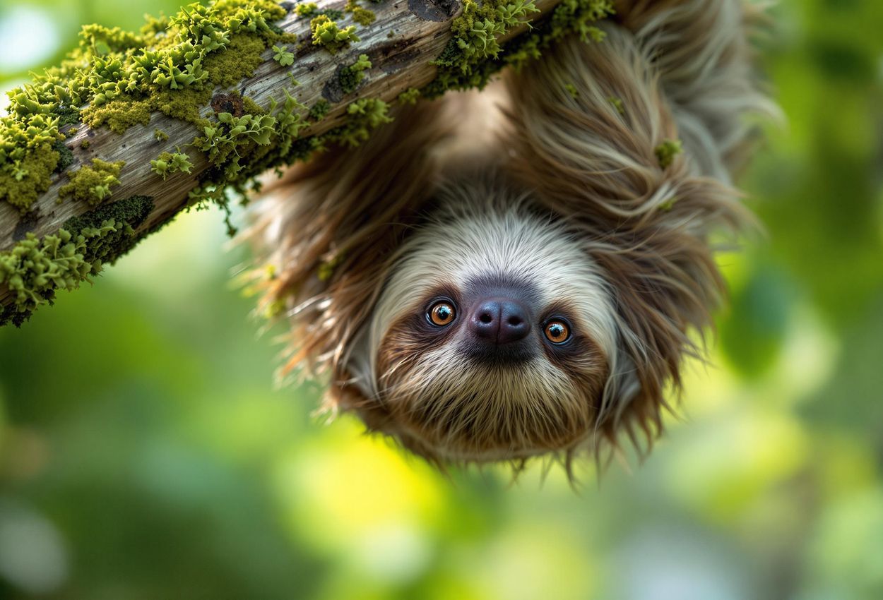 Gentle Sloth Portrait at Costa Rica A close-up photograph of a sloth hanging from a tree branch at the Sloth Sanctuary of Costa Rica, showcasing the animal