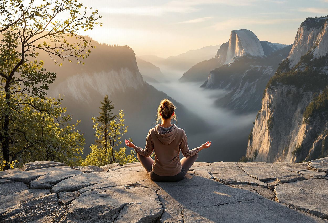 A panoramic view of Yosemite Valley at sunrise, featuring a lone figure in meditation on a rocky ledge, enveloped in a tranquil, mist-filled atmosphere.