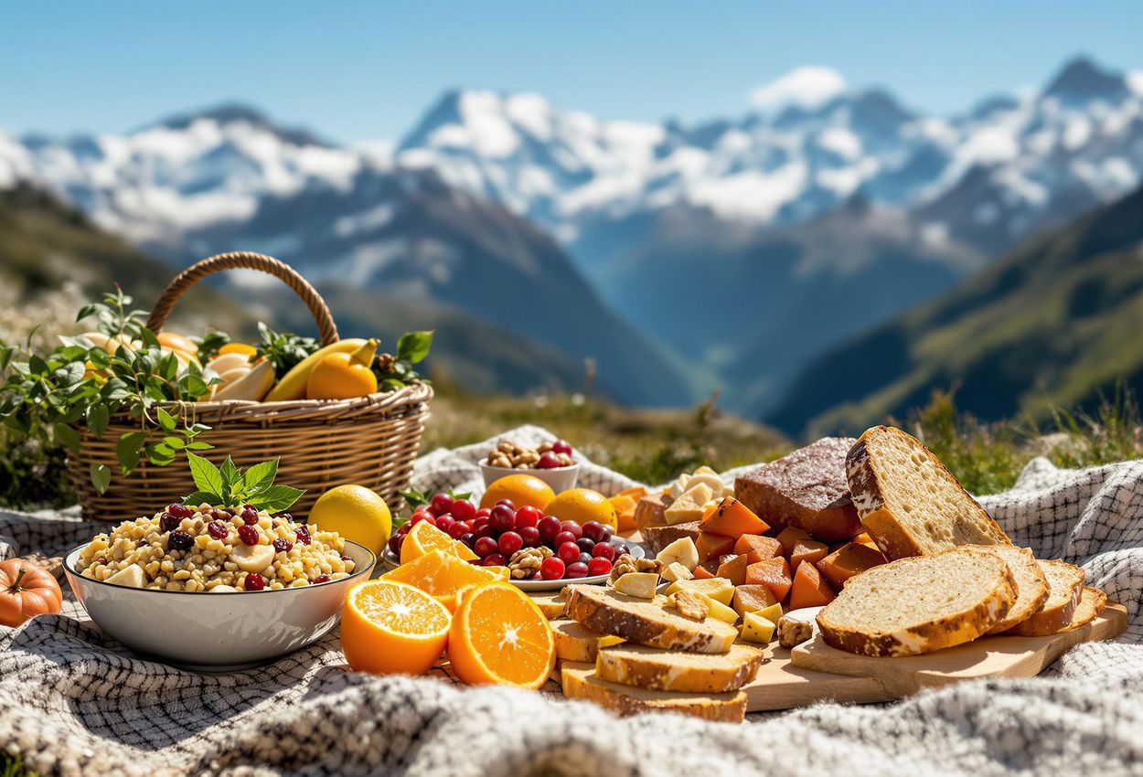 A photograph showcasing a vibrant spread of carbohydrate-rich foods arranged on a picnic blanket, set against the stunning backdrop of the Swiss Alps. The image highlights the importance of proper nutrition for energy and acclimatization at high altitudes.