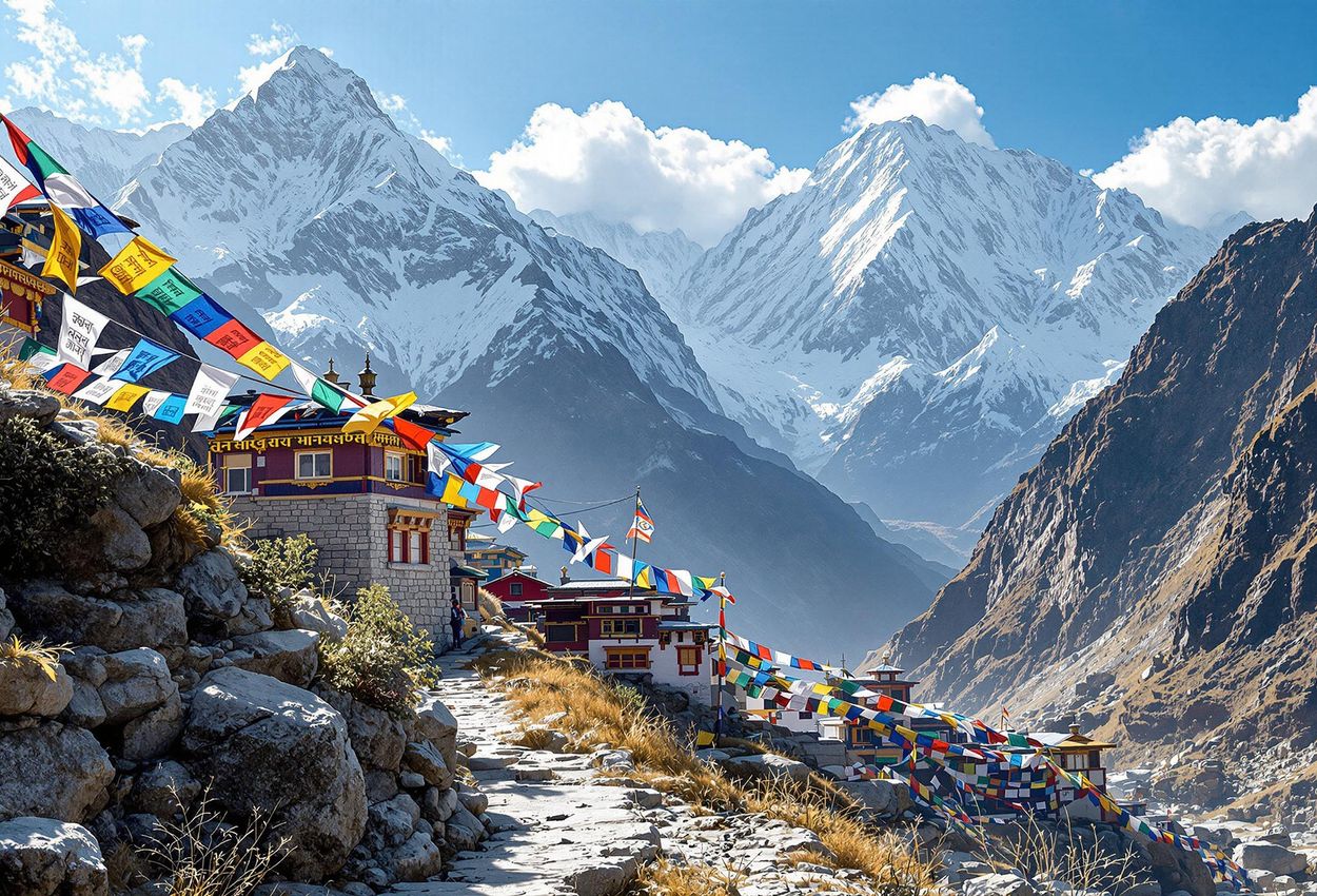 Serene Sherpa Village on the Great Himalaya Trail, Nepal A stunning photograph capturing a peaceful Sherpa village along the Great Himalaya Trail in Nepal, featuring vibrant prayer flags and majestic snow-capped peaks.