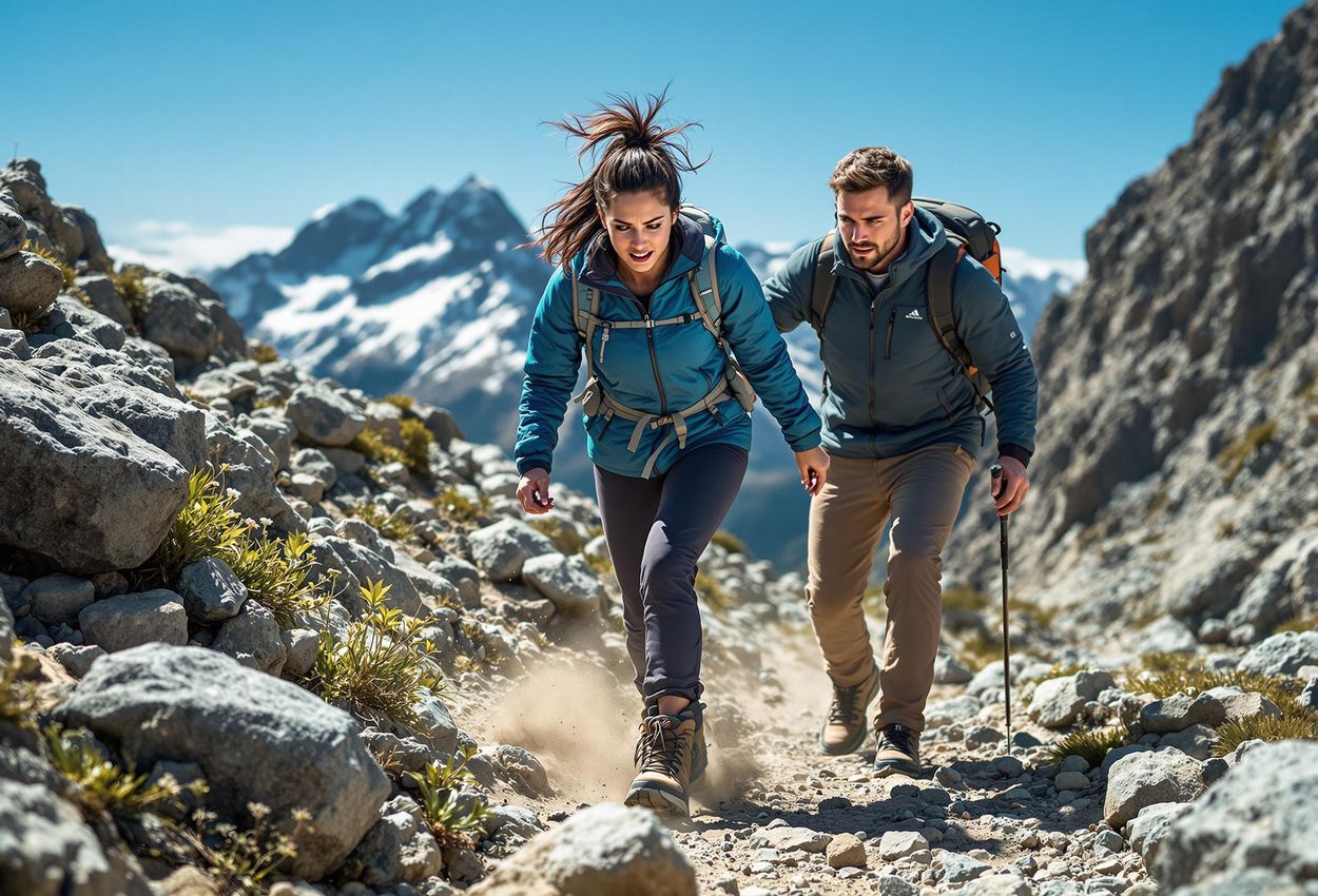 A photograph depicting a hiker being assisted by a companion on a rocky mountain trail. The hiker is struggling to maintain balance, showing signs of altitude sickness.