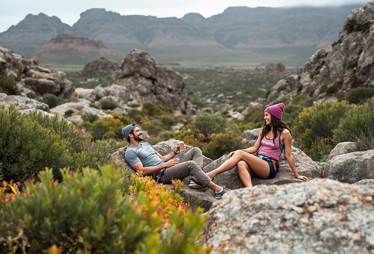 A photograph capturing boulderers resting among rooibos plants in the rocky landscape of Rocklands, South Africa. The image showcases the tranquility and natural beauty of this renowned climbing destination.