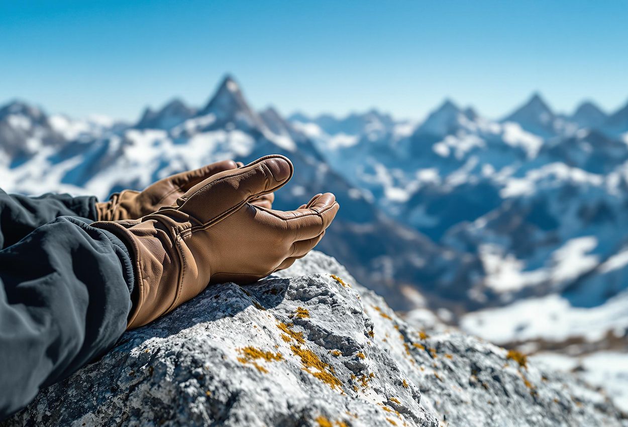 A close-up photograph captures folded hands in hiking gloves on a rock, overlooking a majestic mountain vista in the Swiss Alps on a bright, sunny day.