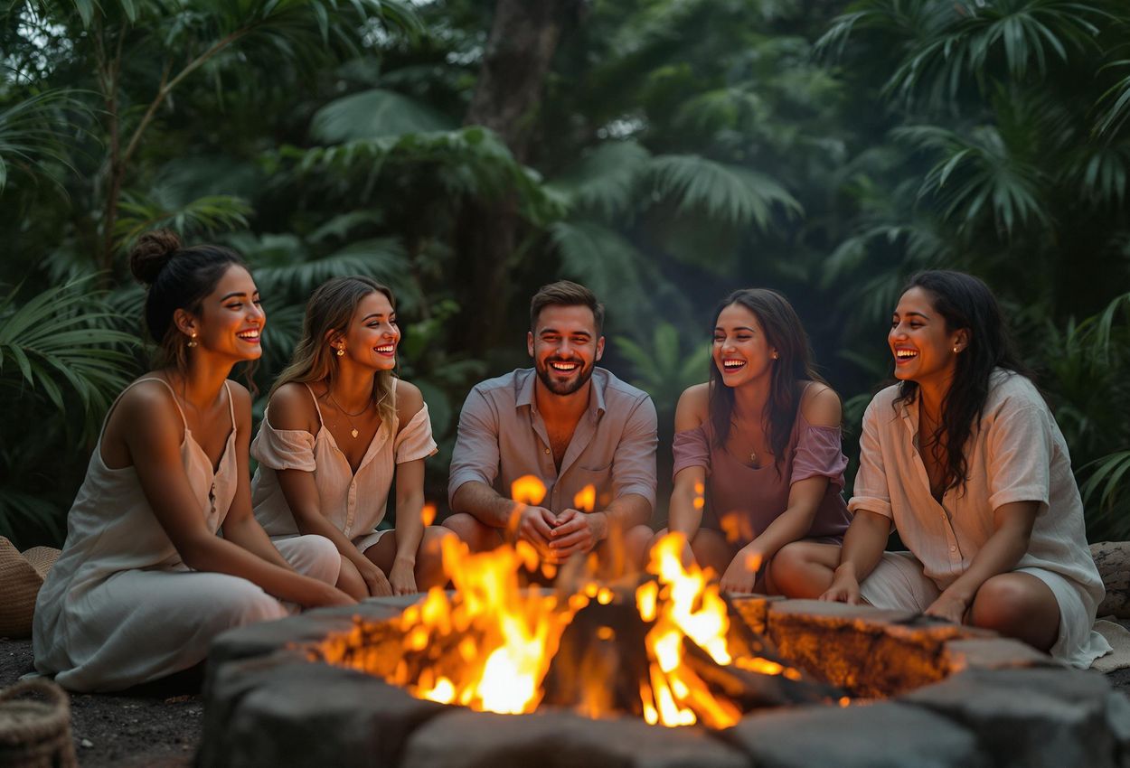 A photograph capturing a joyful campfire gathering at an adventure meditation retreat in Bali, showcasing community and connection amidst lush tropical scenery.