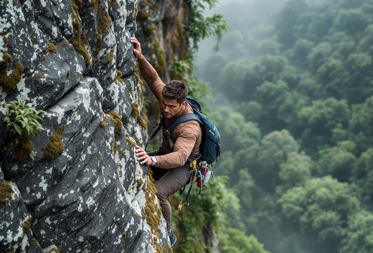 A captivating photograph of a climber in action on Columnas de Tanguán in Ecuador. The image showcases the beauty of the Ecuadorian landscape and the challenge of traditional climbing.