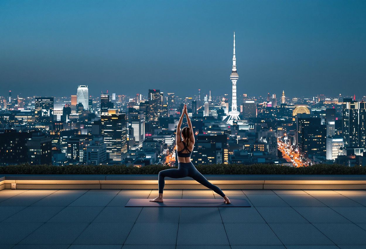 A captivating aerial photograph of a person practicing yoga on a Tokyo rooftop at night, showcasing the blend of urban life and mindful meditation.
