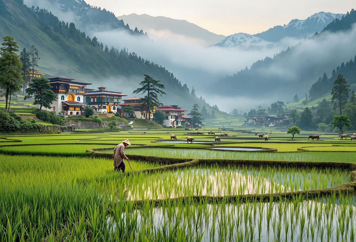 Serene Morning in Paro Valley, Bhutan - A Landscape Photograph A stunning landscape photograph captures the tranquil beauty of the Paro Valley in Bhutan during the early morning. A farmer tends his rice field amidst soft mist and traditional Bhutanese architecture.