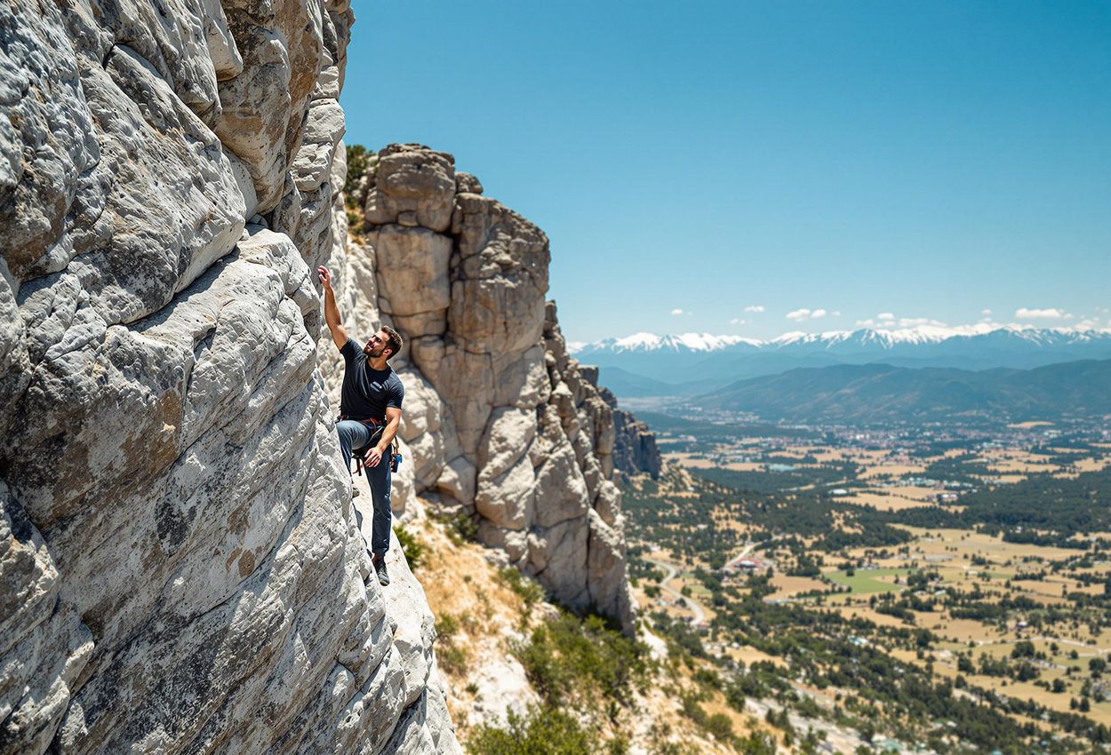 A photograph capturing a climber mid-move on the limestone cliffs of Geyikbayiri, Turkey, showcasing the beauty and challenge of the Turkish landscape.