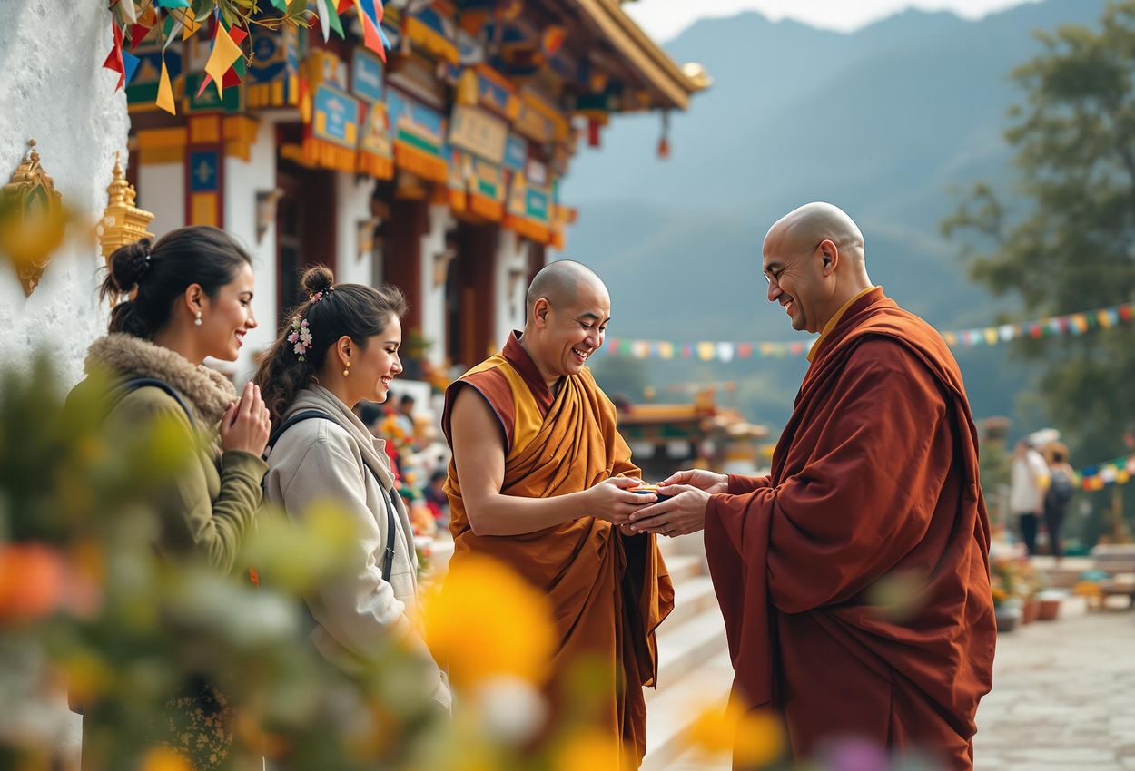 Respectful Cultural Exchange in Bhutan: A Captivating Moment A photograph capturing a genuine interaction between tourists and a Buddhist monk in Bhutan, showcasing cultural exchange and mutual respect in a serene temple setting.