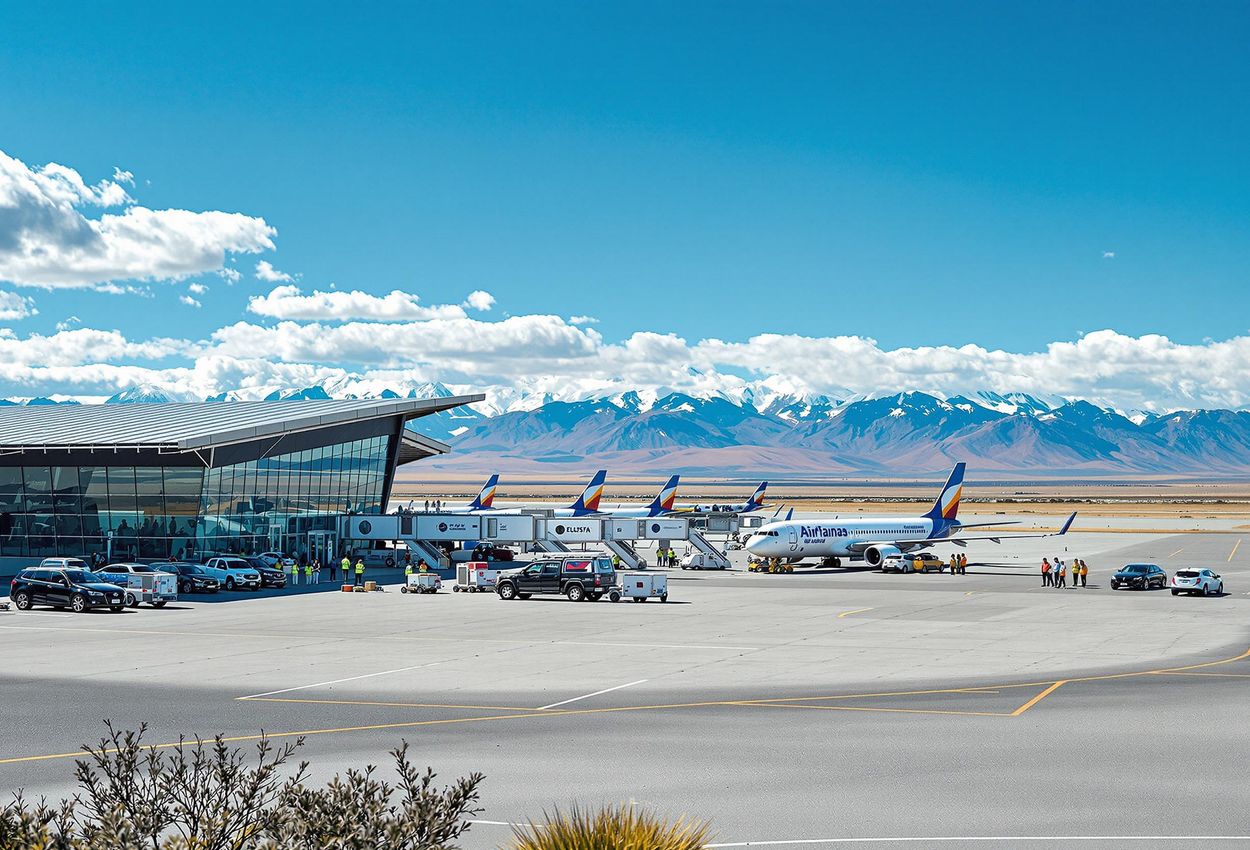 A photograph capturing the vibrant scene at El Calafate International Airport in Argentina, with the Patagonian landscape as a backdrop.