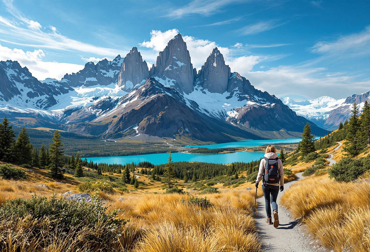 A panoramic photograph capturing the grandeur of Torres del Paine National Park in Chile, showcasing the iconic granite towers, turquoise lakes, and golden grasslands. A hiker adds a sense of scale to this breathtaking Patagonian landscape.