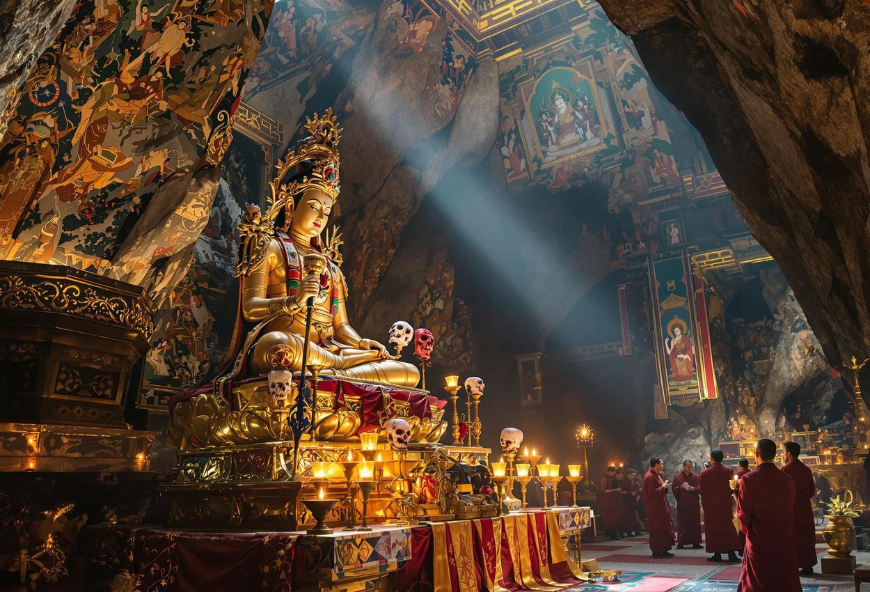 Mystical Guru Rinpoche Statue at Tiger A captivating photograph capturing the serene atmosphere inside Tiger