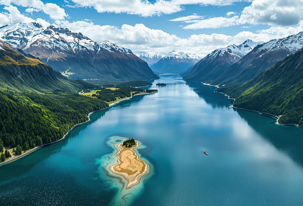 An aerial photograph capturing the breathtaking beauty of the Aysén region in Chile, showcasing its vast network of fjords, rugged mountains, and pristine forests. A lone kayak adds a sense of scale and adventure.