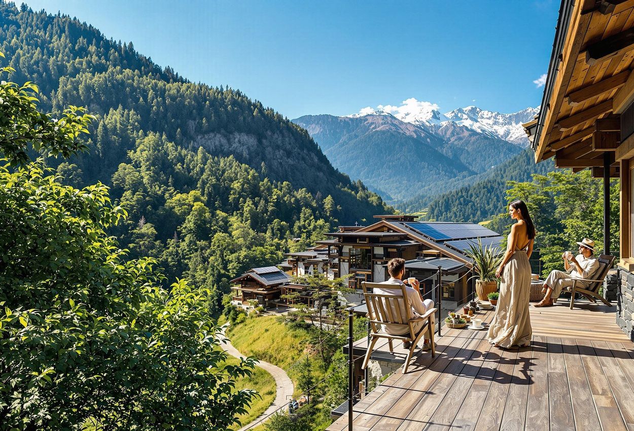 Six Senses Paro Lodge: Sustainable Luxury in Bhutan A scenic view of Six Senses Paro lodge nestled in a lush Bhutanese forest. The photo showcases the lodge