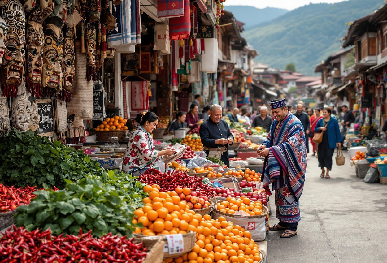 Bustling Local Market in Paro, Bhutan - A Cultural Snapshot A vibrant photograph capturing the energy of a local market in Paro, Bhutan, filled with colorful produce, handcrafted goods, and traditionally dressed villagers.