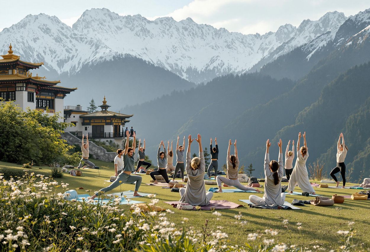 A photograph capturing a peaceful yoga session at the Bhutan Spirit Sanctuary, set against the stunning backdrop of the Himalayas. The image highlights the serenity, mindfulness, and natural beauty of Bhutan.