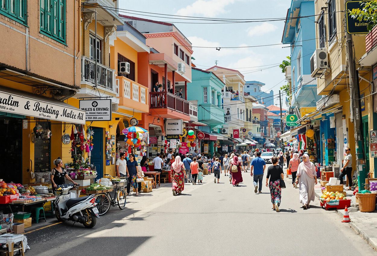 Vibrant Street Scene in Malé, Maldives: A Day in the Life A captivating photograph capturing the energy of a bustling street in Malé, Maldives, filled with colorful buildings, local shops, and people going about their daily routines.