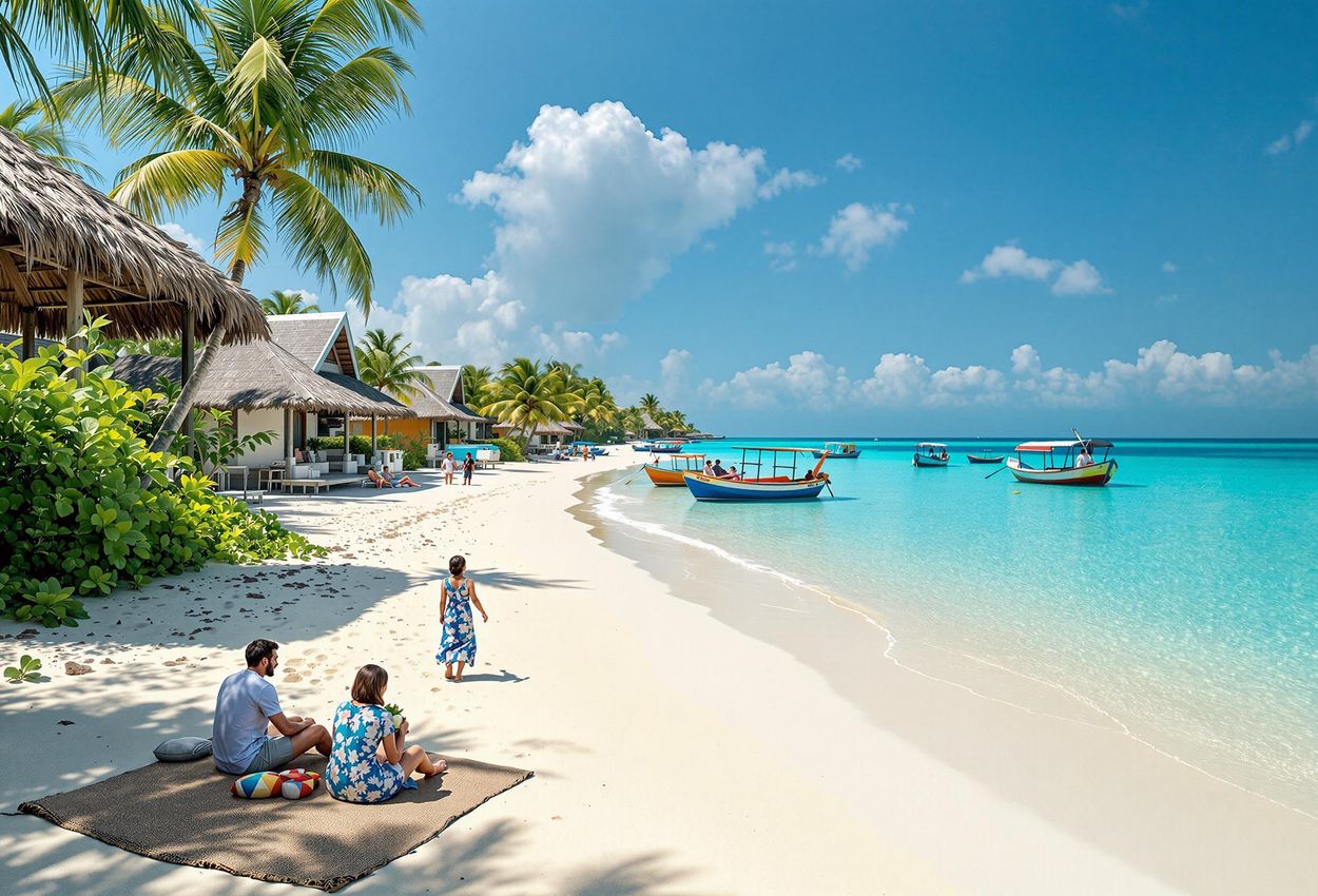 Serene Maafushi Island Beach Scene, Maldives A captivating photograph of Maafushi Island in the Maldives, showcasing its tranquil beach, clear turquoise waters, and the simple beauty of island life.