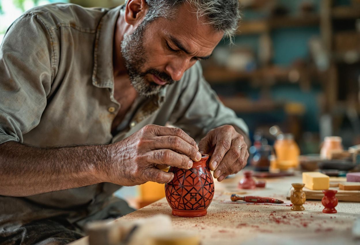 Maldivian Artisan Crafting Lacquerware in Thulhaadhoo A detailed close-up photograph of a Maldivian artisan meticulously working on a piece of traditional lacquerware in his Thulhaadhoo workshop. The image captures the intricate details of the craft and the artisan