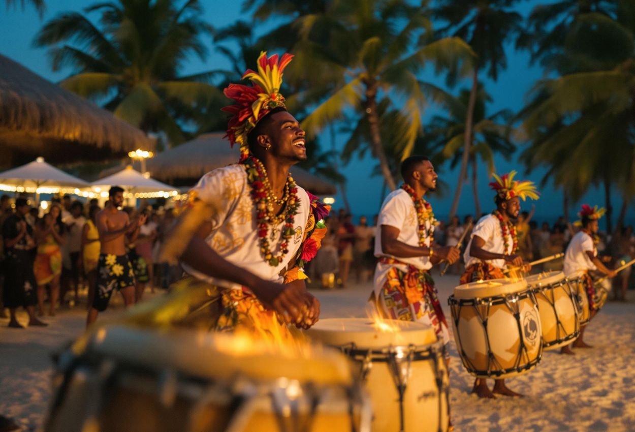 Energetic Bodu Beru Performance in the Maldives A captivating photograph of a Bodu Beru performance in the Maldives, showcasing the vibrant energy and cultural pride of the Maldivian people.