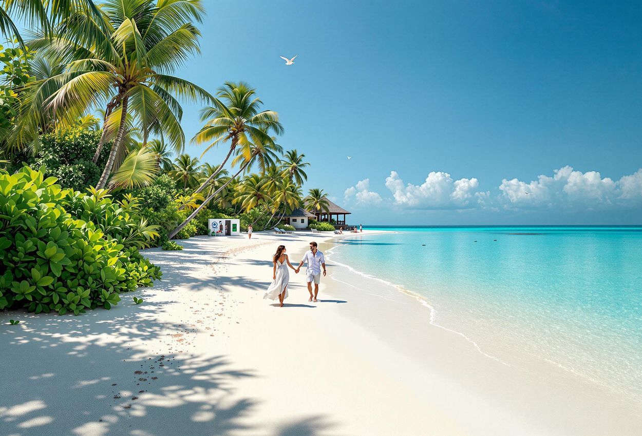 Maldivian Beach Scene: Sustainable Tourism in Paradise A stunning photograph of a pristine Maldivian beach, showcasing sustainable tourism with clear waters, lush vegetation, and responsible travelers enjoying the serene environment.