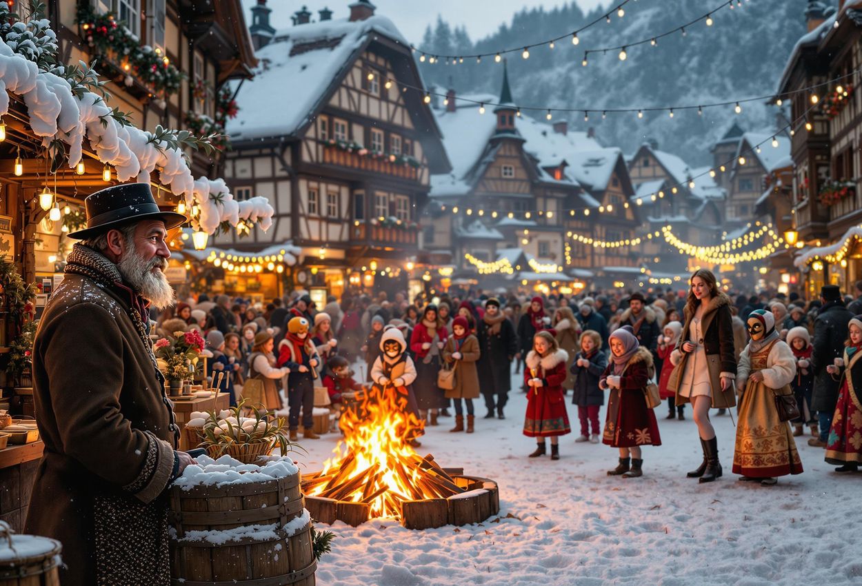 Traditional Swiss Winter Festival in Stans: A Festive Celebration A photograph capturing the vibrant atmosphere of the traditional Swiss winter festival in Stans, featuring people in traditional costumes, dancing, market stalls, and a bonfire.