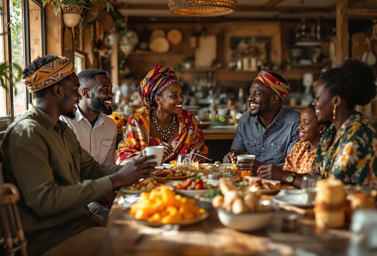 A photograph capturing a heartwarming scene inside a family-run restaurant in Kenya, where tourists share a meal and laughter with a local Maasai family, surrounded by traditional crafts and the aroma of local spices.