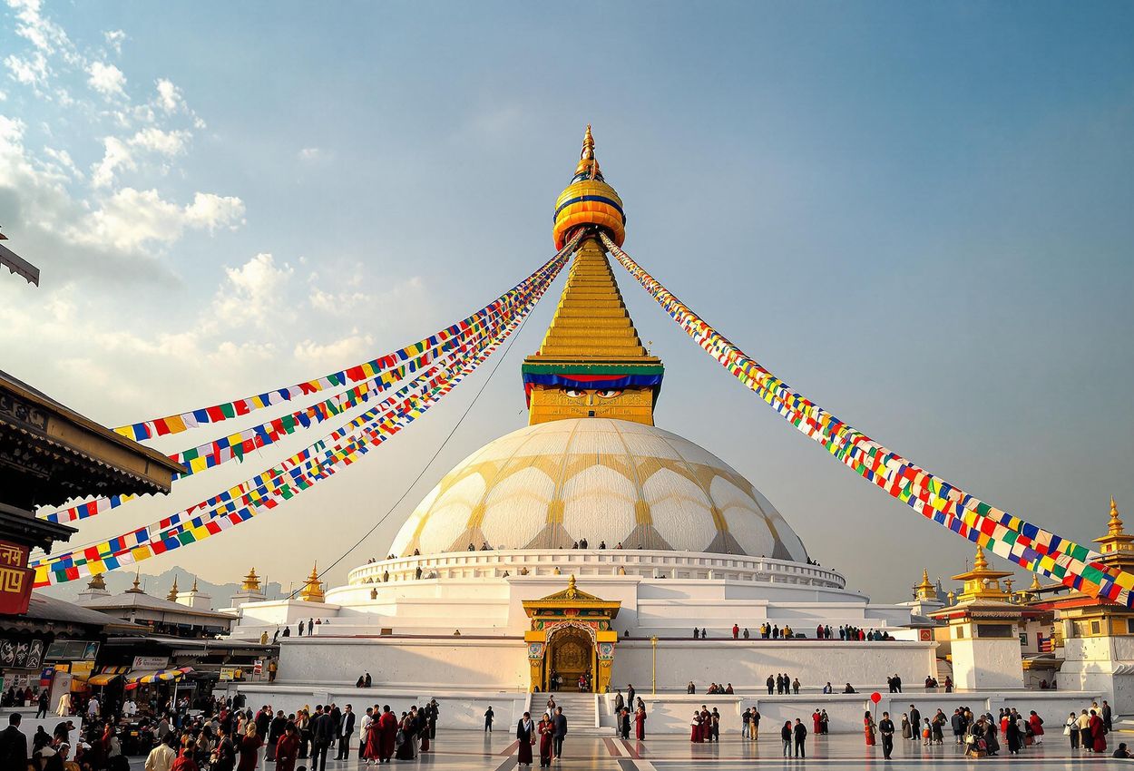 A wide-angle photograph of the Boudhanath Stupa in Kathmandu during late afternoon. Pilgrims circumambulate the brightly lit stupa, with prayer flags stretching out in all directions against the hazy Kathmandu skyline.