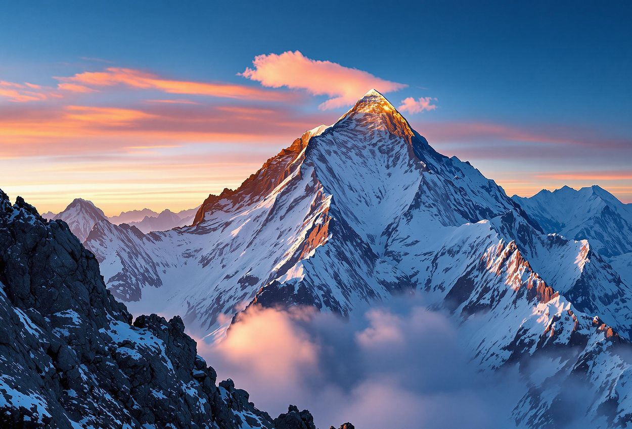 A stunning photograph captures the first light of dawn illuminating the summit of Mount Everest, showcasing the rugged beauty and extreme remoteness of the Himalayas.