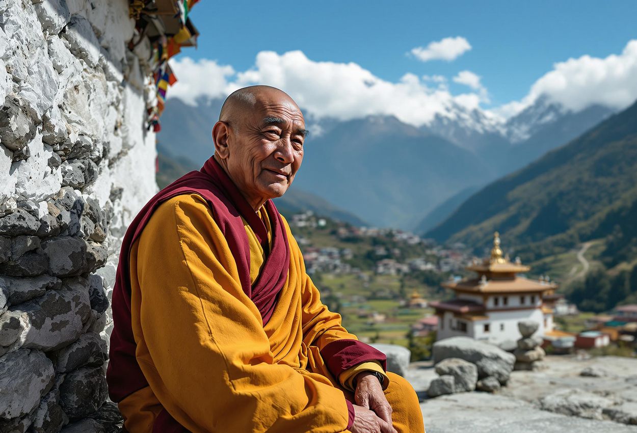 A photograph of a Tamang lama in traditional robes sitting outside a monastery in the Langtang Valley, Nepal. The image captures the peacefulness and cultural richness of the Himalayan region.