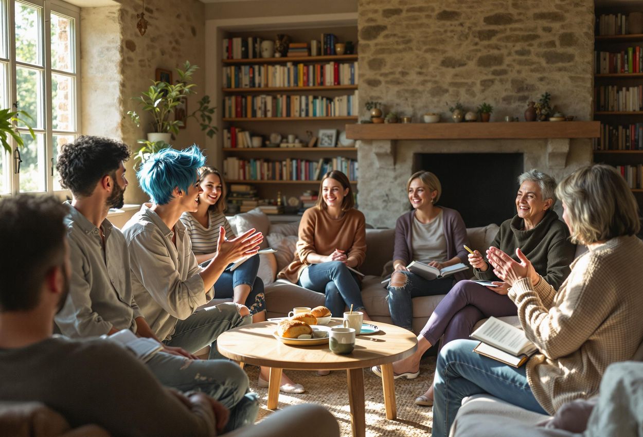 A photograph captures a warm and inviting scene of an LGBTQIA+ creative writing retreat in France, showcasing a diverse group of writers sharing stories in a cozy farmhouse setting.